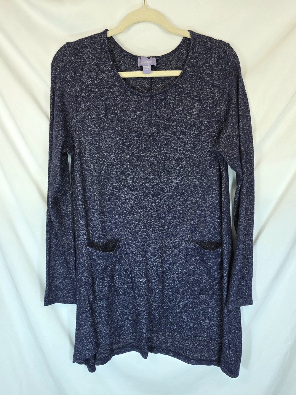 Laura Scott Marled Sweater Dress Womens Medium Navy Blue Pockets Lagenlook Cozy